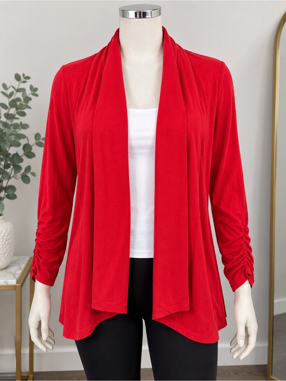 George Red Open-Front Draped Cardigan